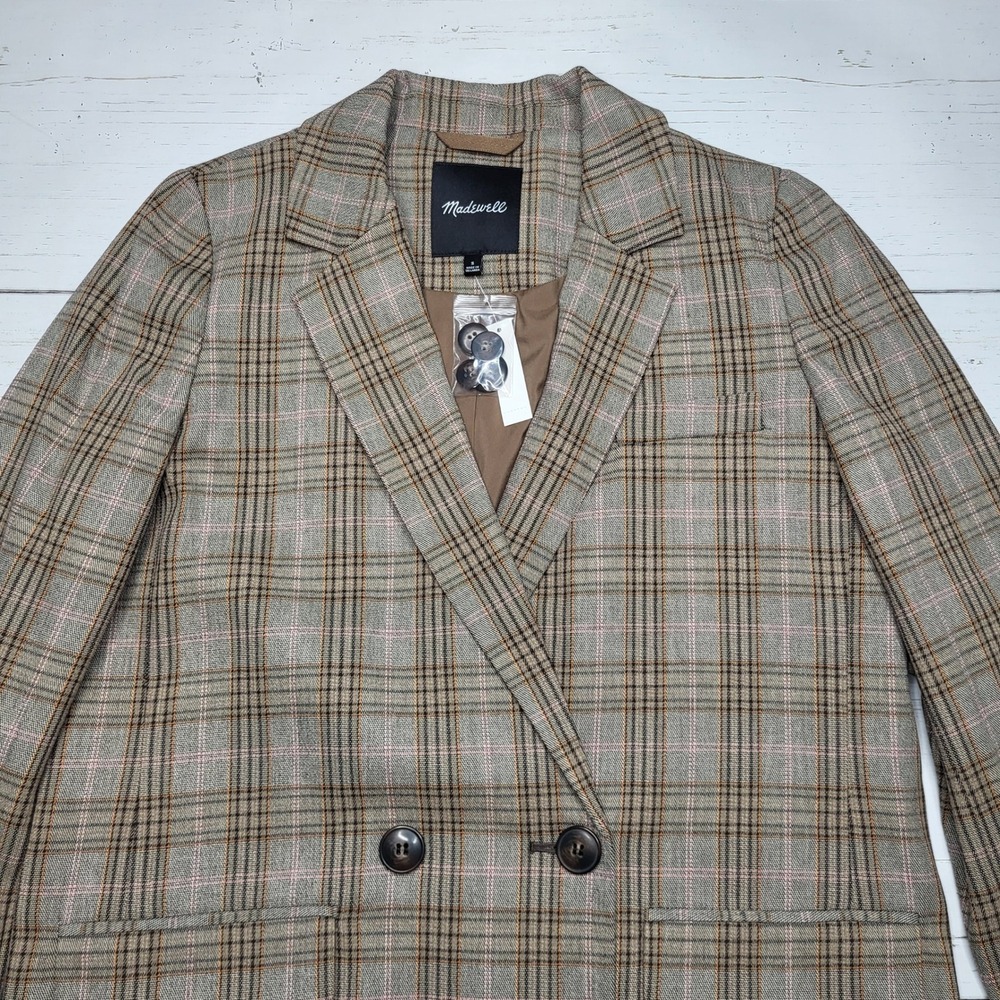 Madewell Caldwell Double Breasted Blazer Jacket Tartan Plaid Tan Oversized Small - Picture 5 of 8